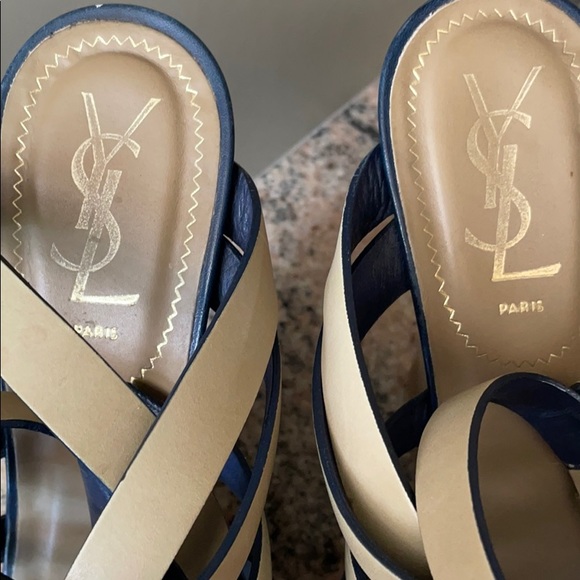 Yves Saint Laurent Leather Strait Wedge Sandals - Picture 3 of 8